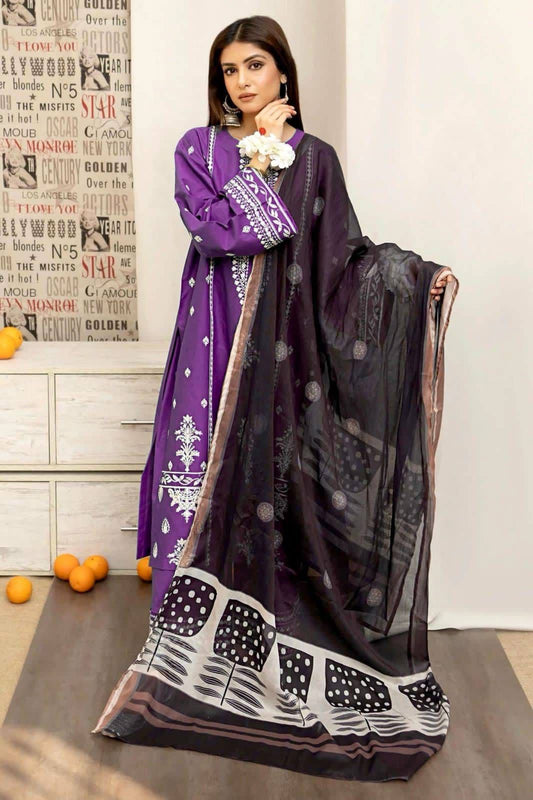 URGE - 3PC DHANAK UNSTITCH EMBROIDERED SUIT HR-120 PURPLE