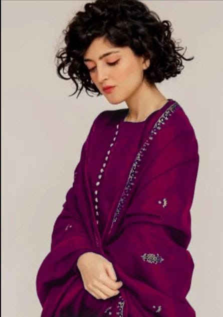 JAZMIN - 3PC DHANAK UNSTITCH EMBROIDERED SUIT HR-212 MEHROON