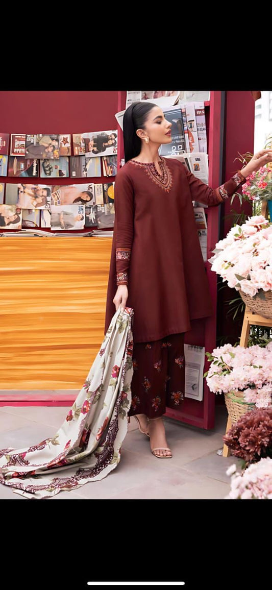 SAPPHIRE - 3PC DHANAK UNSTITCH EMBROIDERED SUIT HR-132 MEHROON