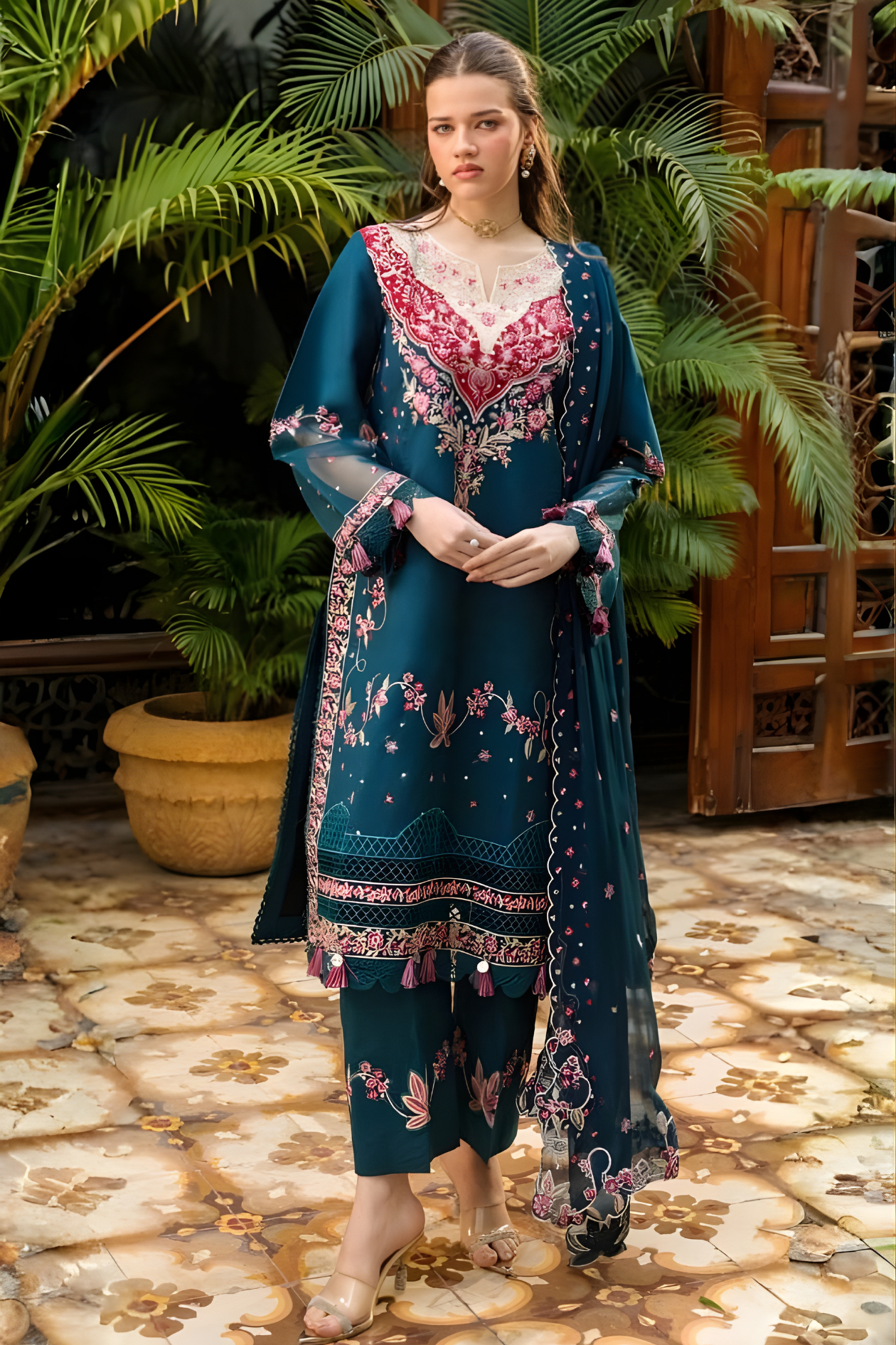 Teal Blue Luxury Embroidered Lawn 3PC