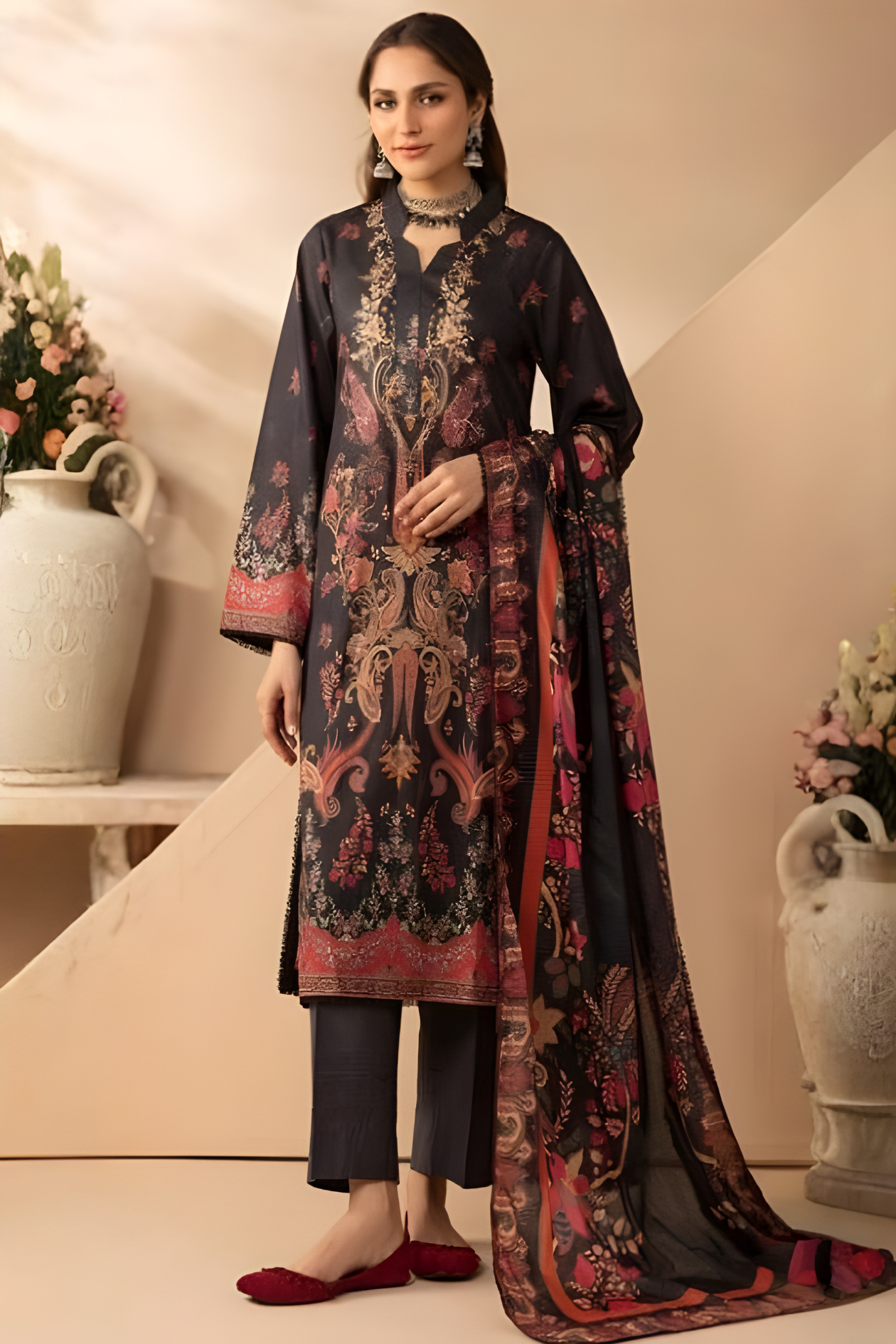 Charcoal Black Luxury Printed Lawn 3PC