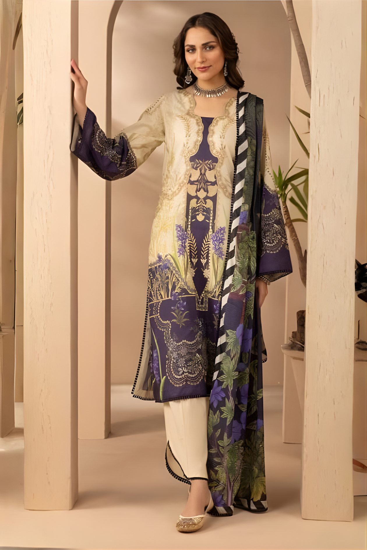 Cream and Royal Purple Luxury Printed Lawn 3PC