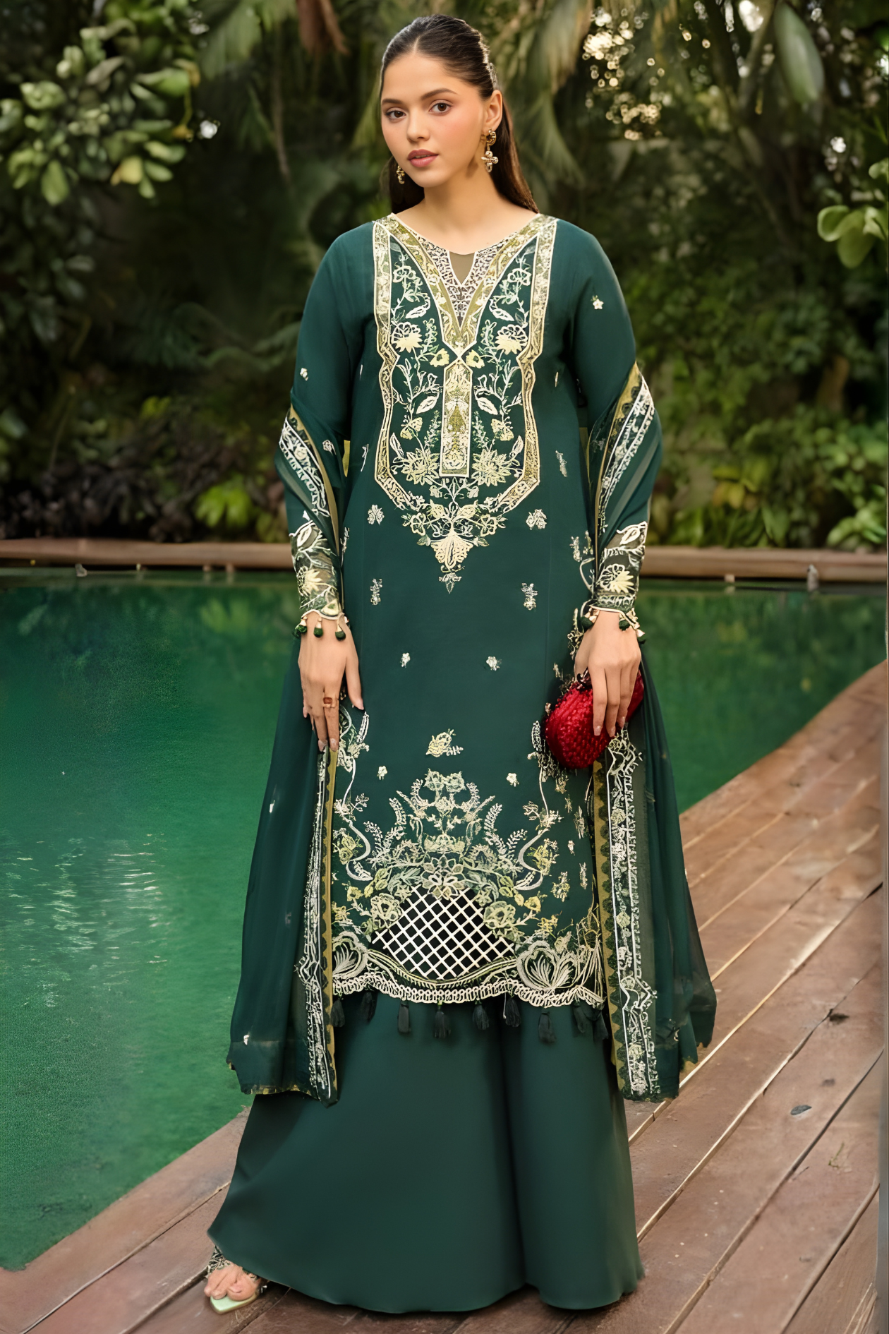 Dark Forest Green Luxury Embroidered Lawn 3PC