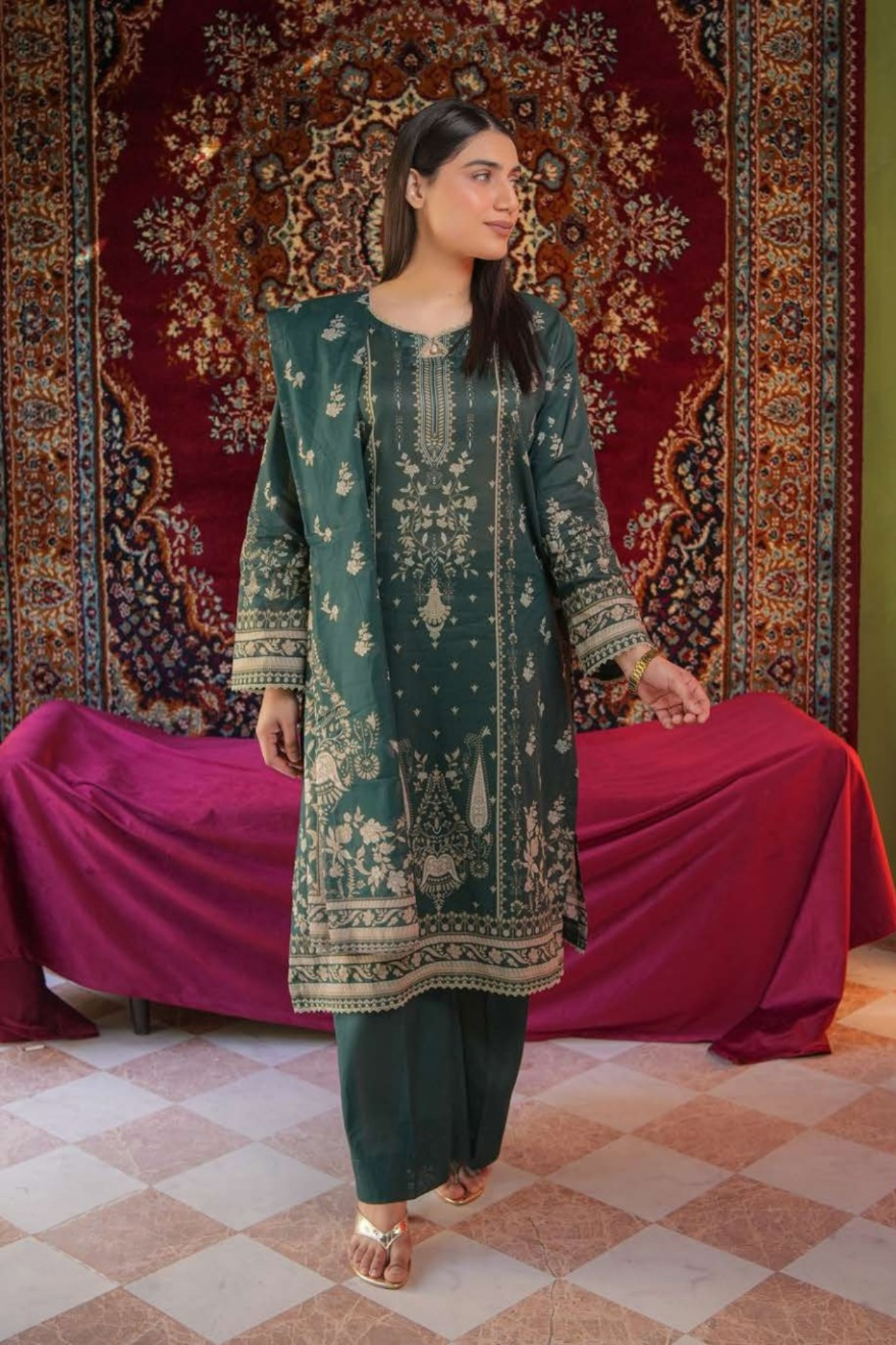 Bottle Green Printed Lawn 3PC