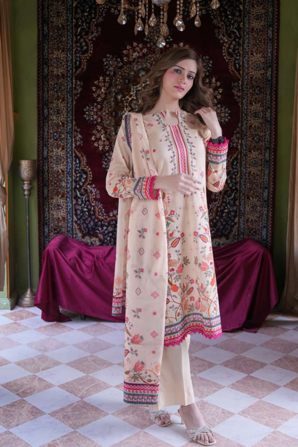 Soft Peach Printed Lawn 3PC
