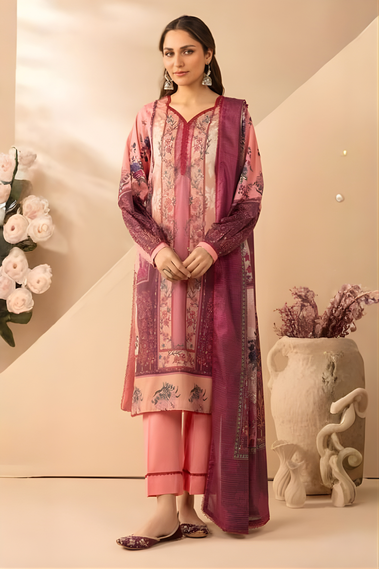 Rose Pink & Plum Luxury Printed Lawn 3PC