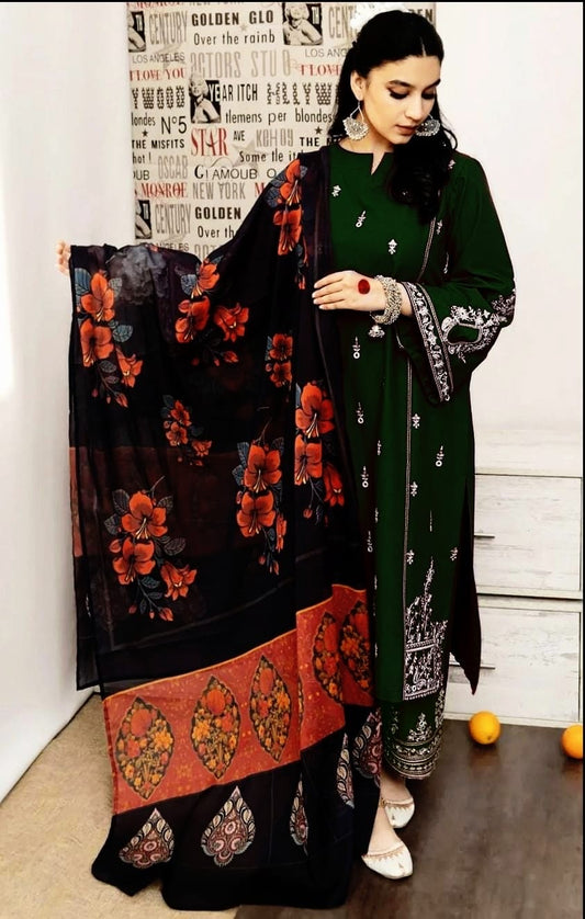 URGE - 3PC DHANAK UNSTITCH EMBROIDERED SUIT HR-137 GREEN