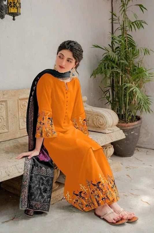 URGE - 3PC DHANAK UNSTITCH EMBROIDERED SUIT HR-141 ORANGE