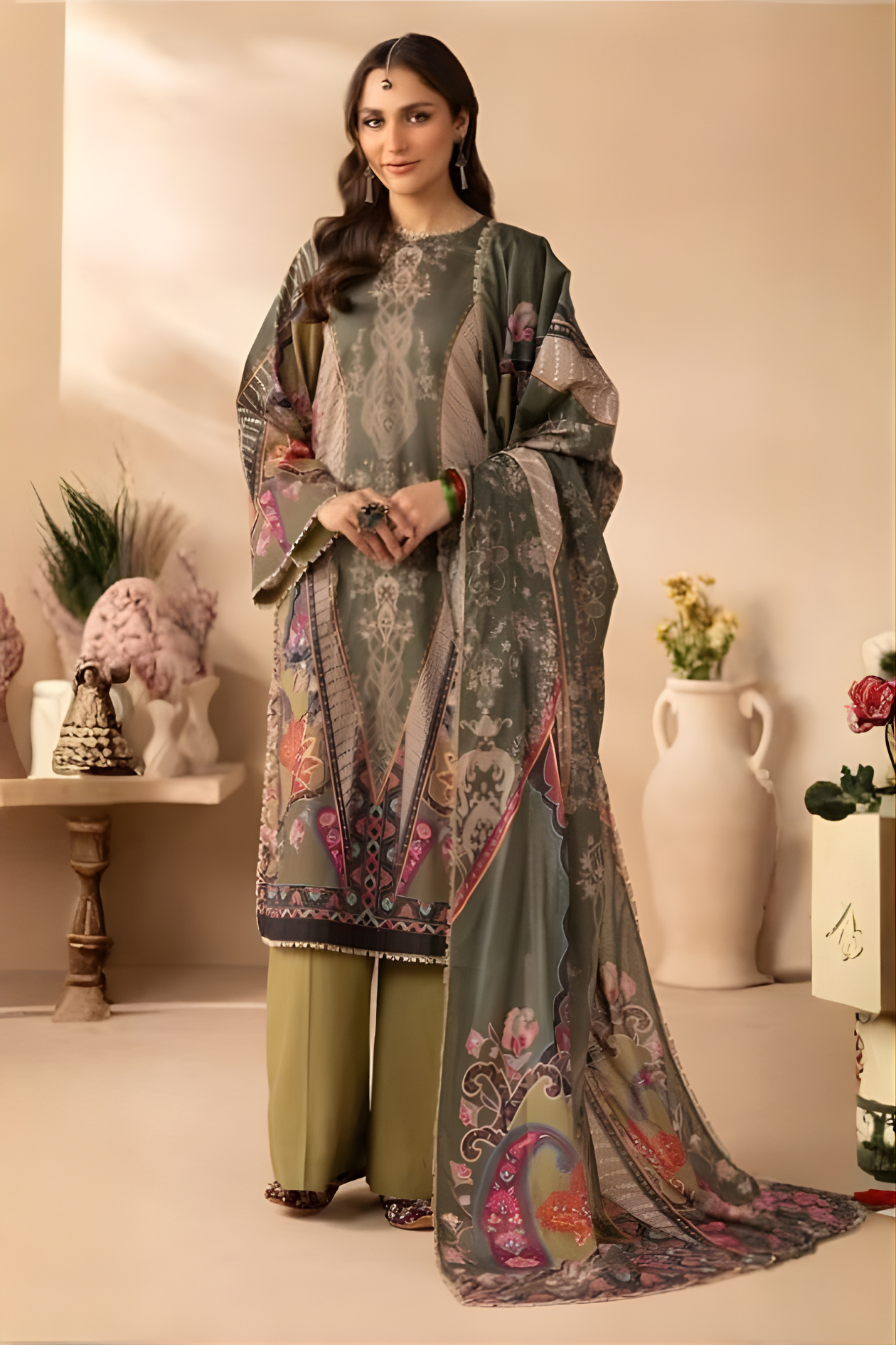 Olive Green Luxury Printed Lawn 3PC