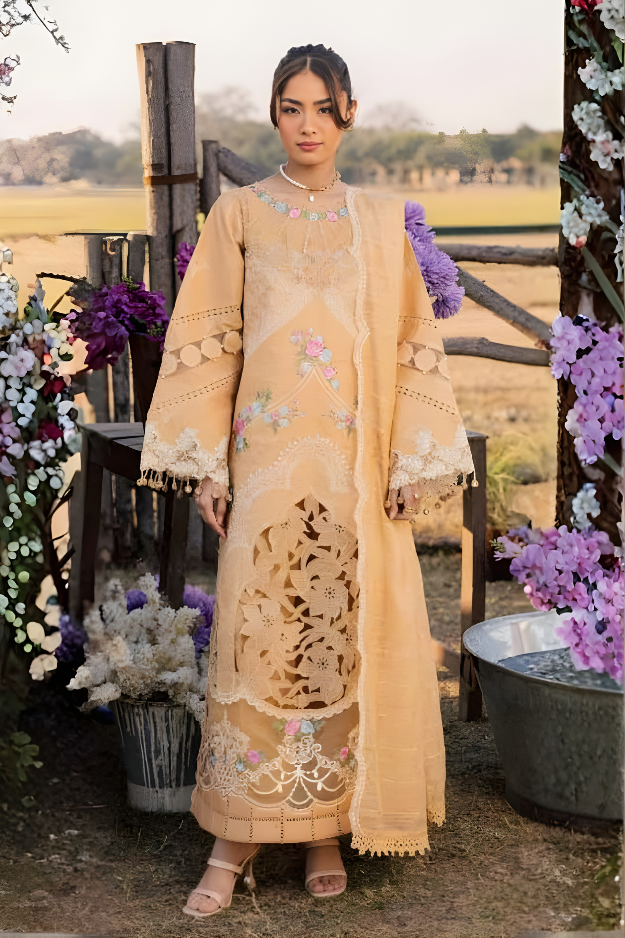 Golden Beige 3-piece embroidered suit