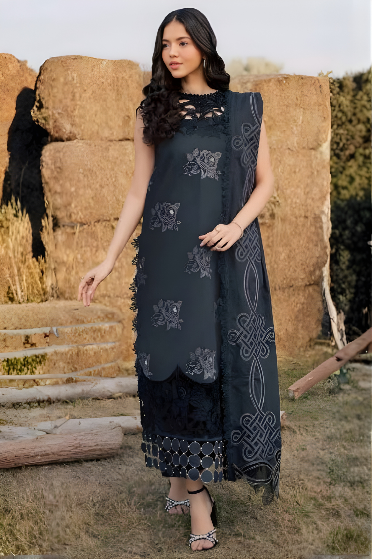 Charcoal Black 3-piece embroidered suit