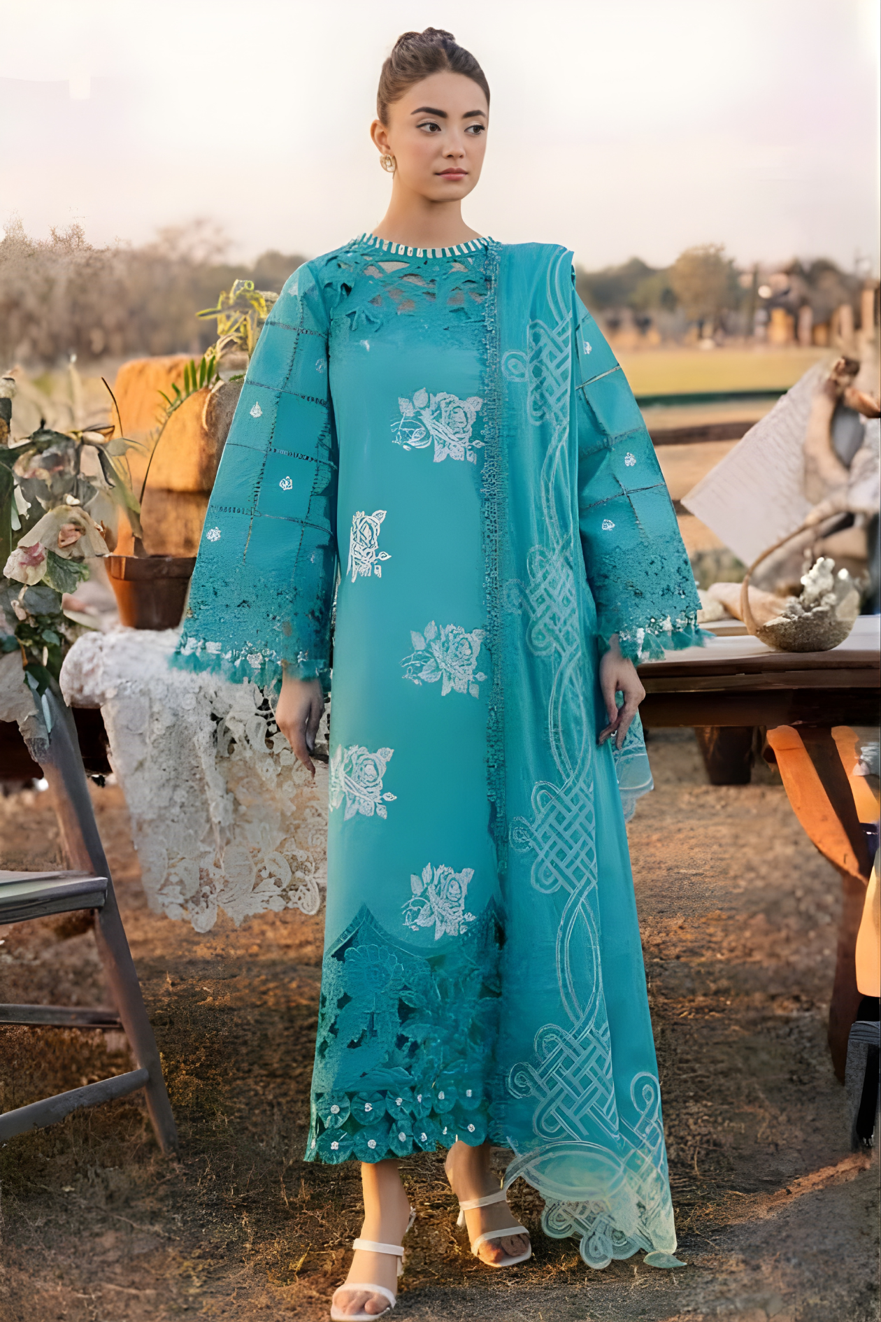 Turquoise Blue 3-piece embroidered suit