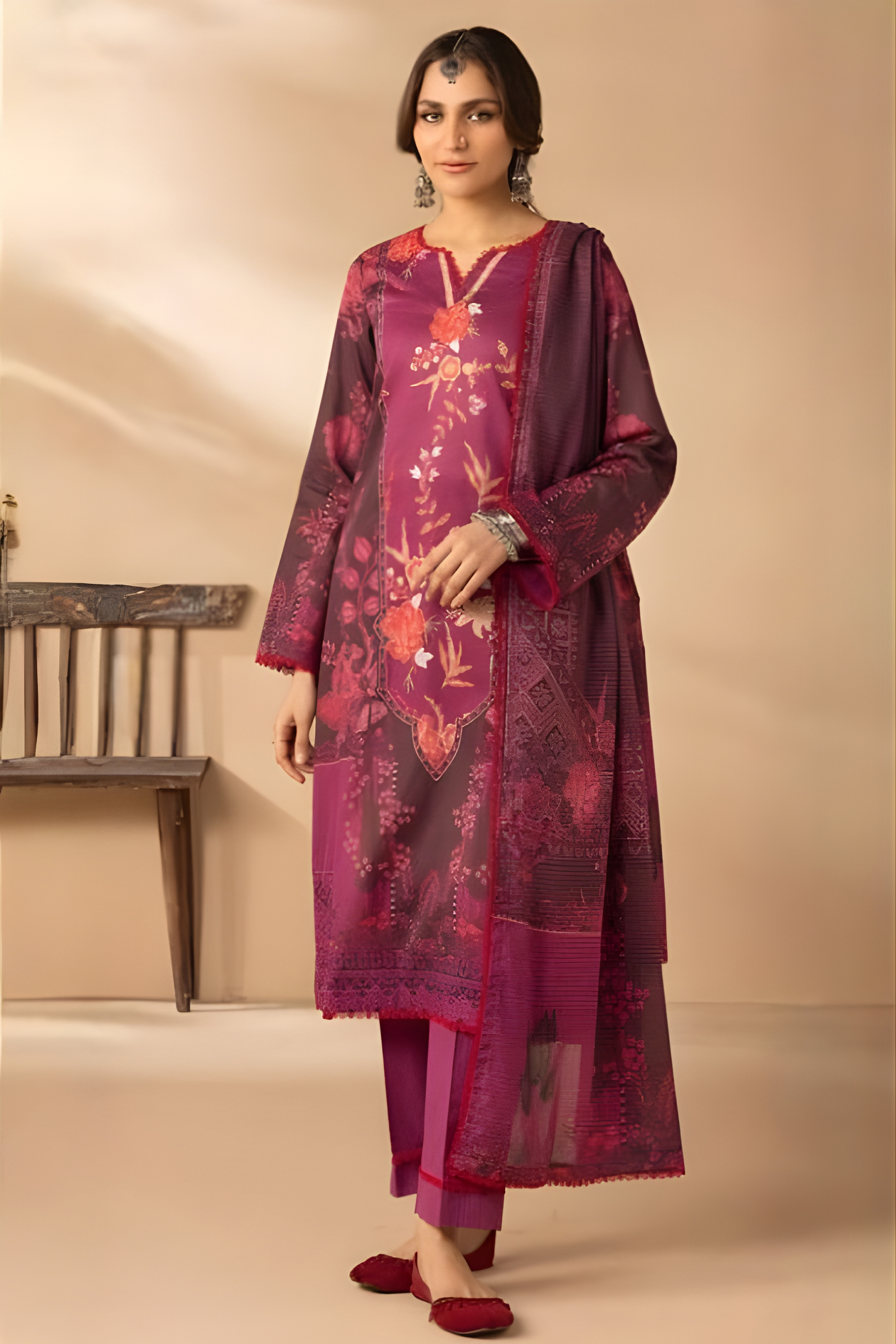 Deep Plum & Magenta Luxury Printed Lawn 3PC