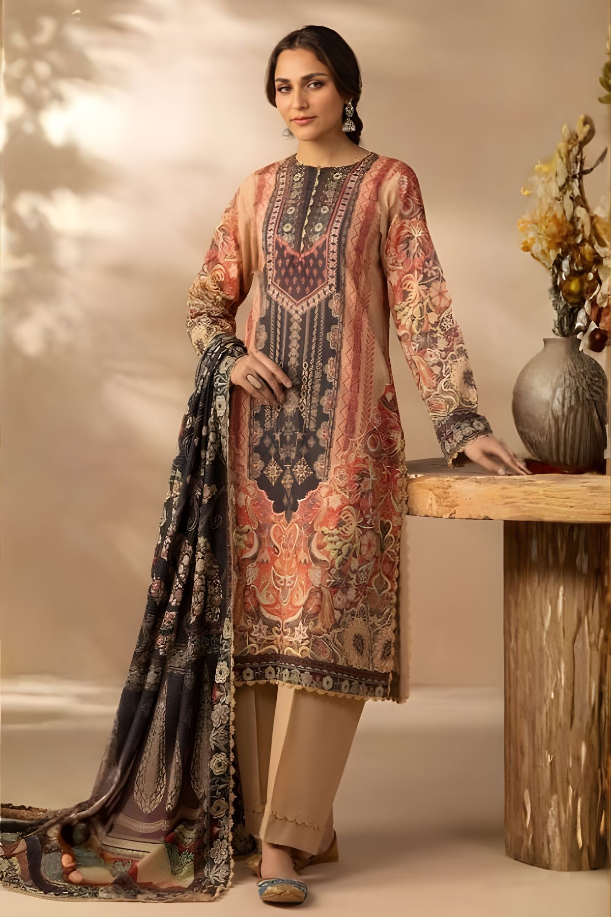 Earthy Beige Luxury Printed Lawn 3PC
