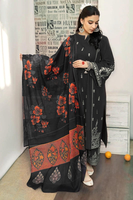 URGE - 3PC DHANAK UNSTITCH EMBROIDERED SUIT HR-137 BLACK