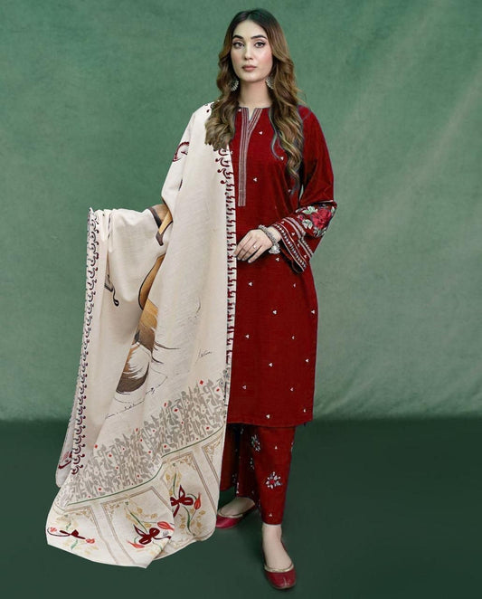 URGE - 3PC DHANAK UNSTITCH EMBROIDERED SUIT HR-126